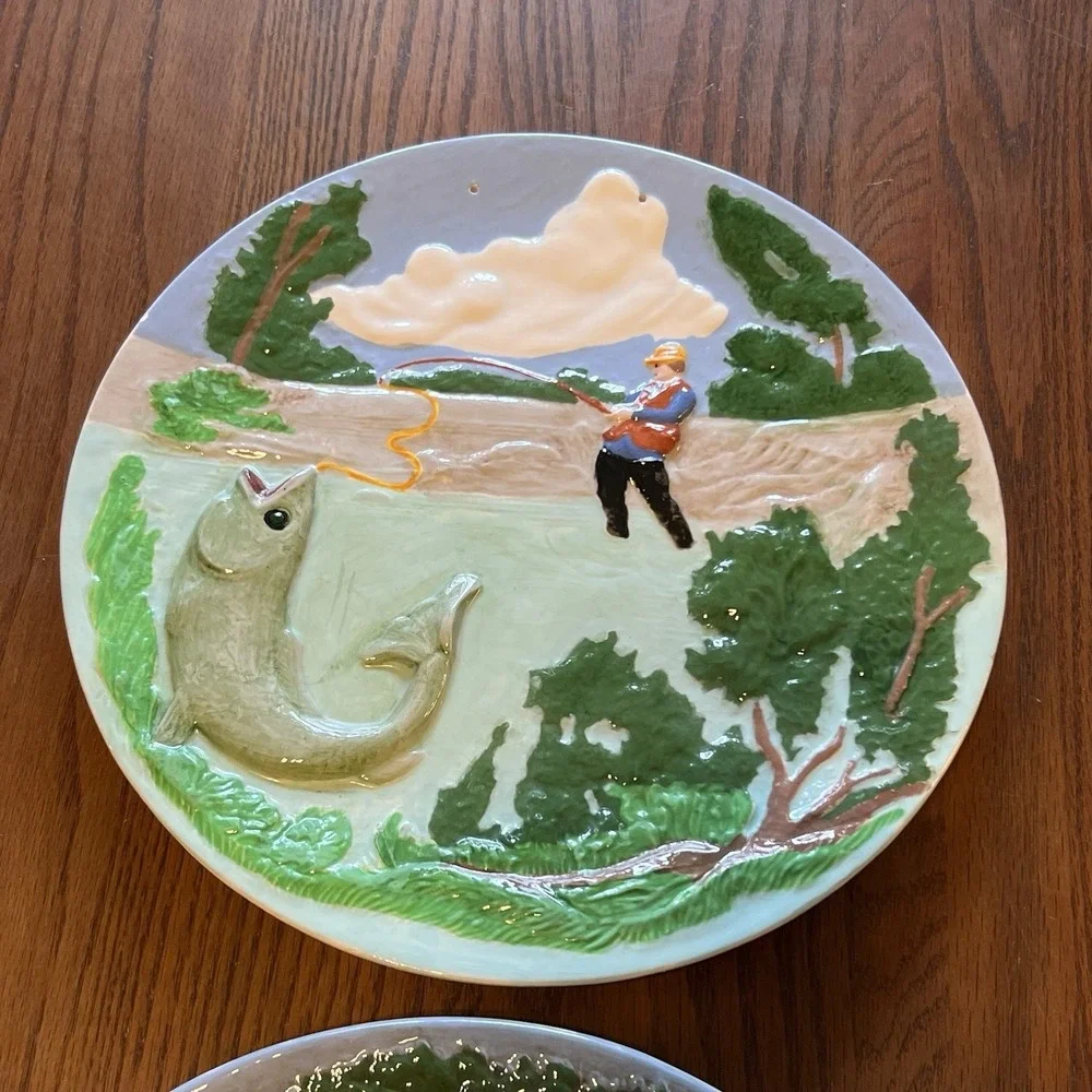 Vintage 1977 CF Raised Relief Hunting Fishing Wall Plates Set Of 2 Ducks Fish